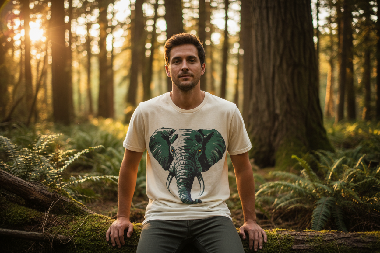 Homme dans la forêt avec t-shirt éléphant bio